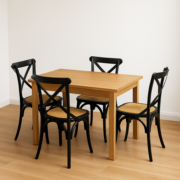 New Age 150cm Natural Dining Table & 4 Black Cross Back Chairs