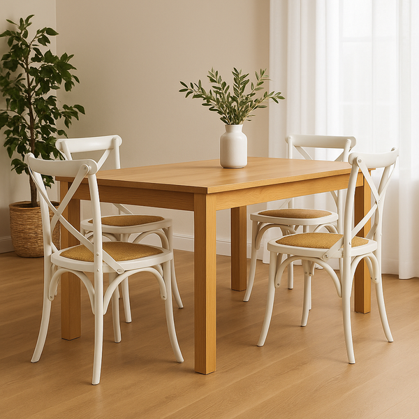 New Age 150cm Natural Table & 4 White Cross Back Chairs Bundle