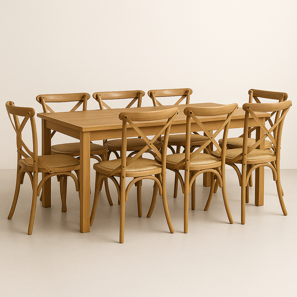 New Age 210cm Dining Table & 8 Natural Cross Back Chairs