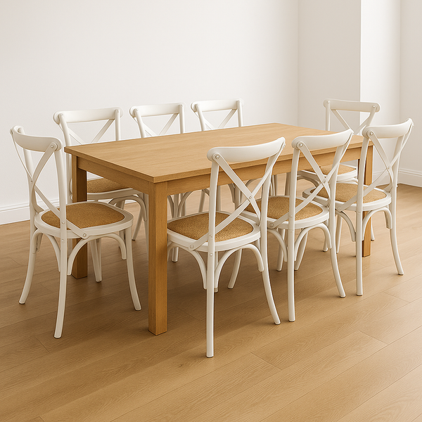 New Age 210cm Natural Table & 8 White Cross Back Chairs Bundle