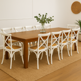 New Age 240cm Dining Table with 10x White Cross Back Chairs – Dark Oak Set
