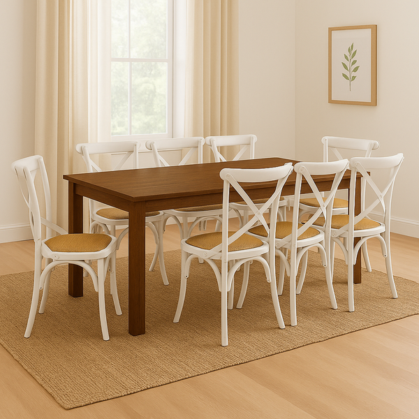 New Age 210cm Dining Table with 8x White Cross Back Chairs – Dark Oak Set