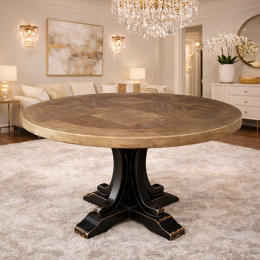 Randwick 150cm Round Elm Dining Table – Black Base