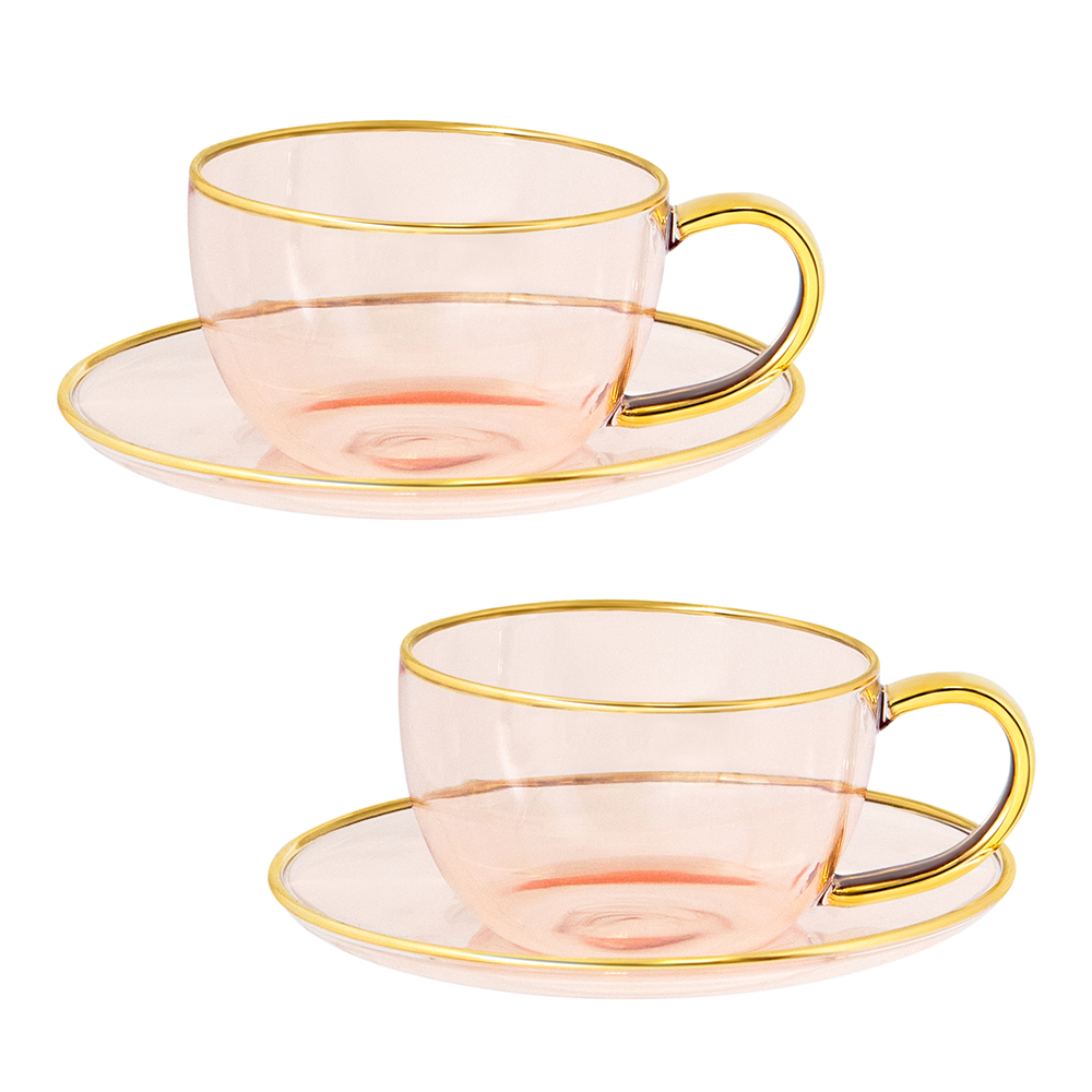 Rose Glass Teacup and Saucer - Set of 2
