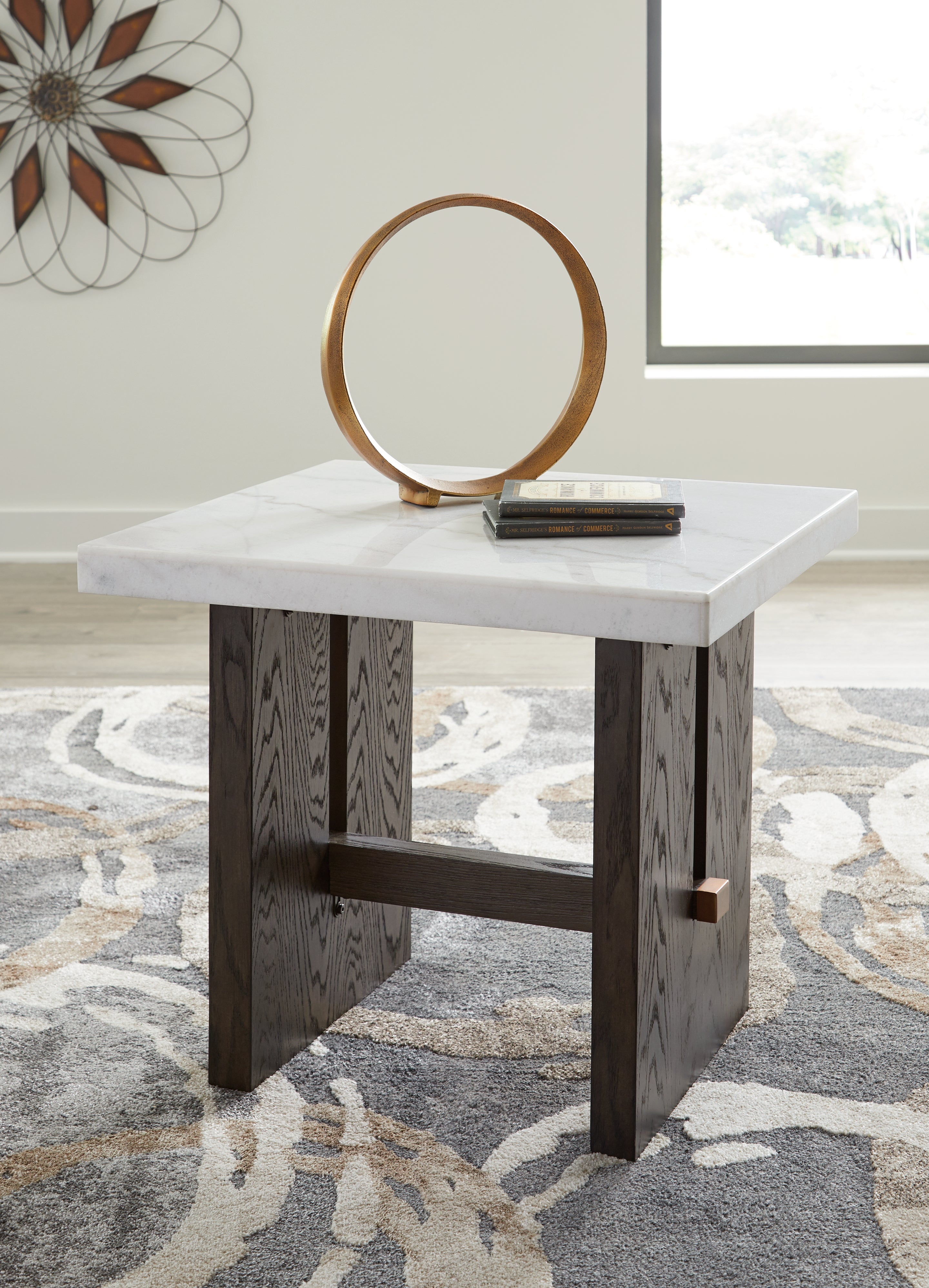 Burkhaus End Table with Marble Top – White & Dark Brown