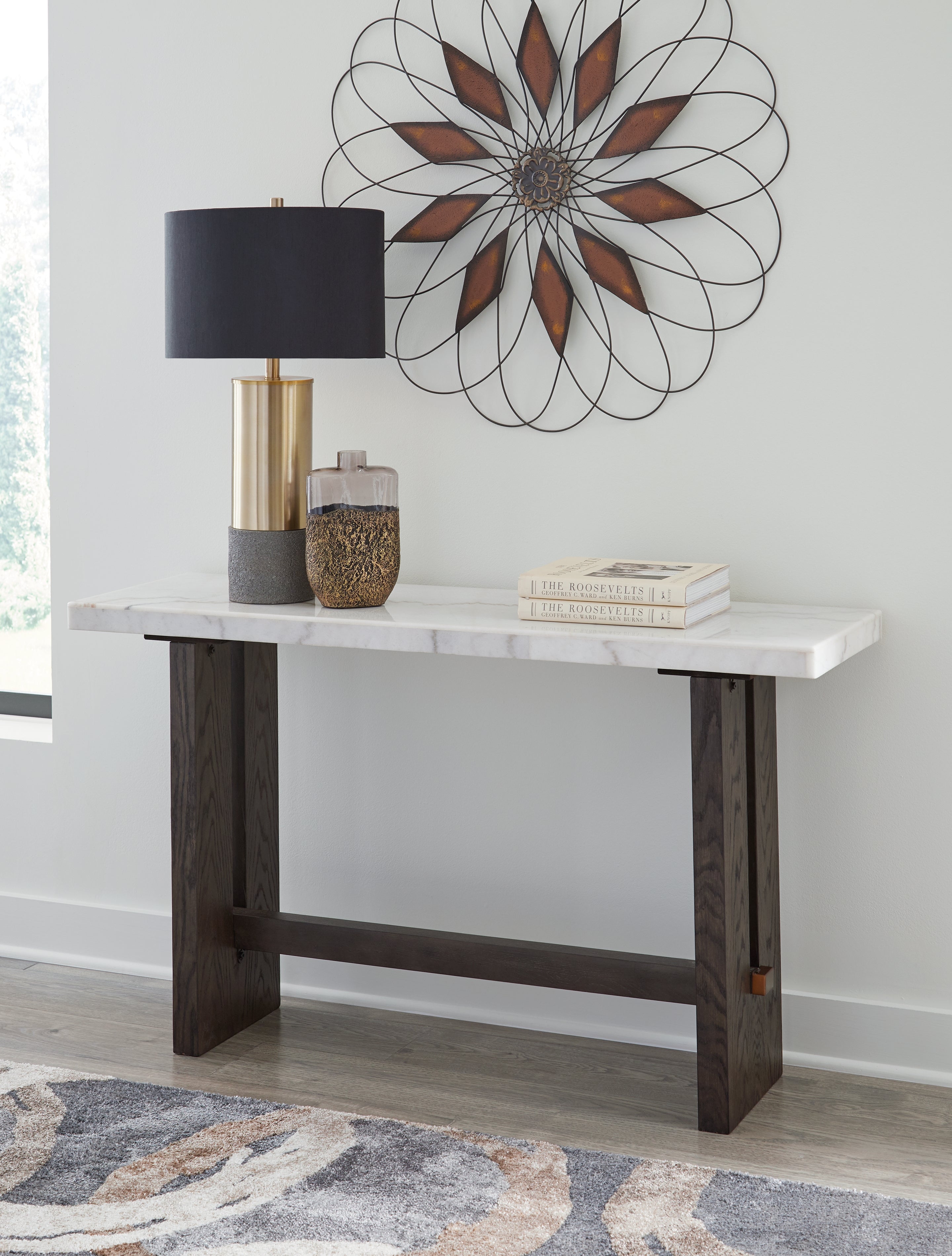 Burkhaus Sofa Table with Marble Top – White & Dark Brown