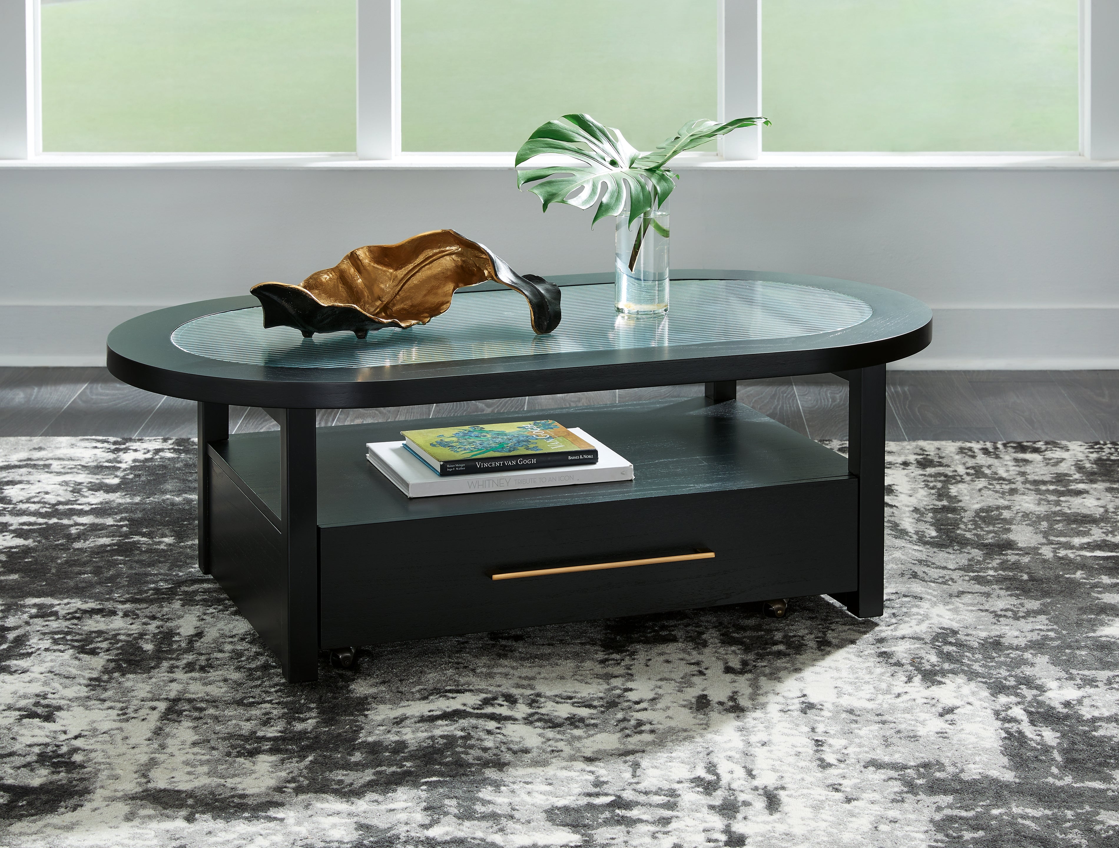 Winbardi Black Coffee Table with Storage & Fluted Glass Top